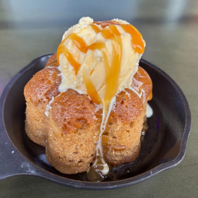 Churro Cake with Vanilla Ice Cream.